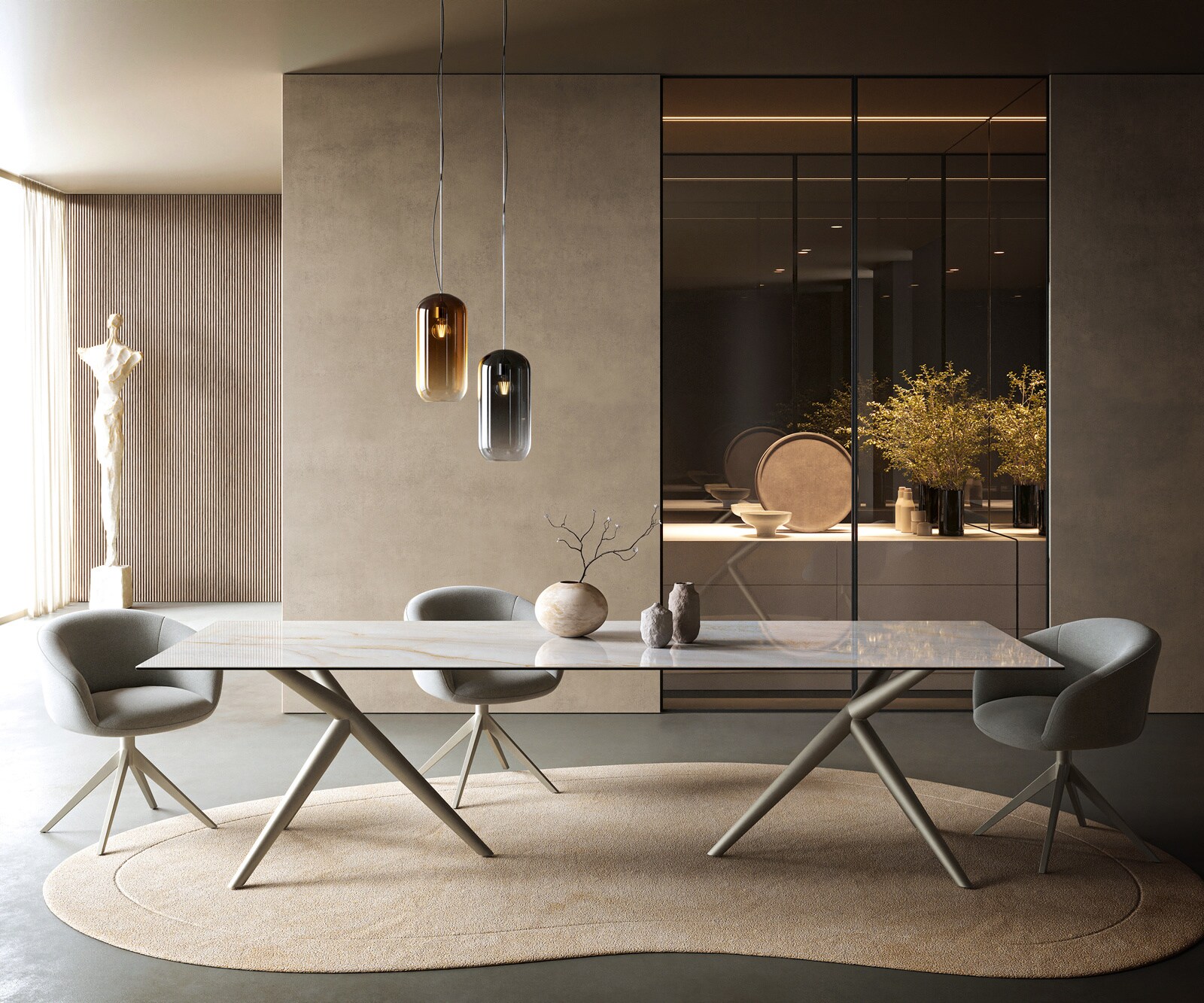 Esstisch Edge 300x100 cm Keramik Onyx Pearl Estelar rund Metall Effektfinish Titan 1