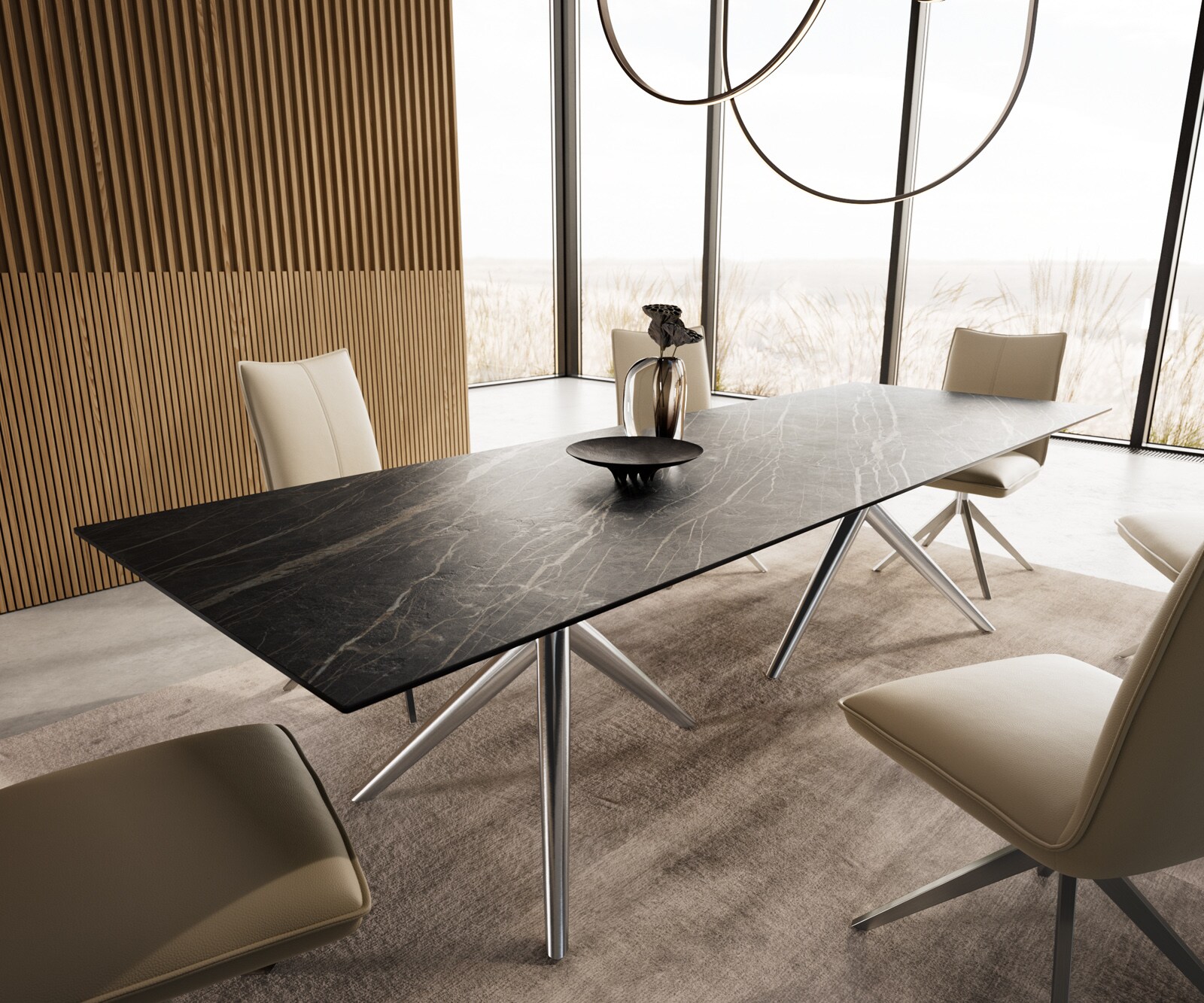 Esstisch Edge 300x100 Keramik Laminam®Noir Desir Braun Estelar rund Edelstahl 7