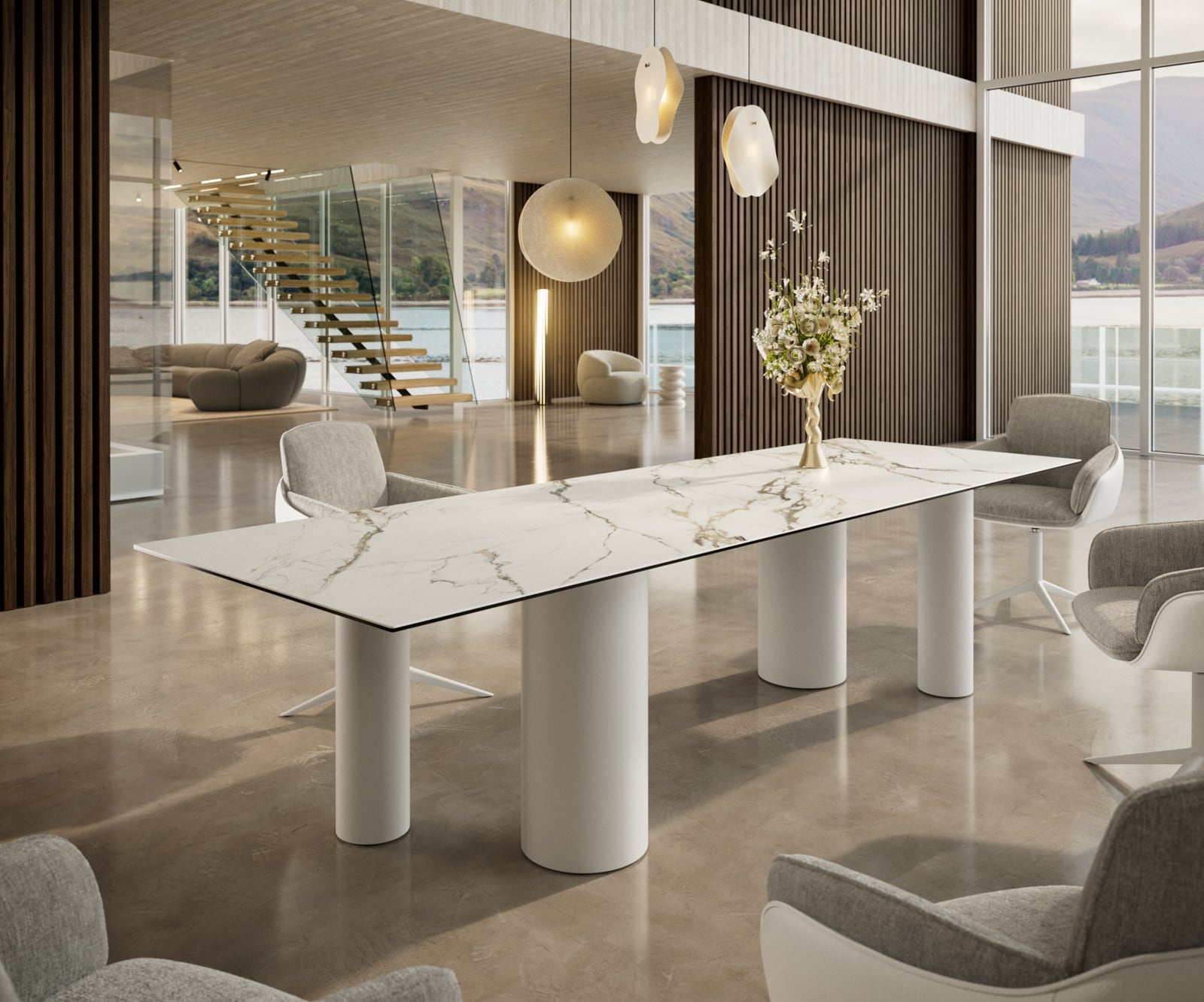 Esstisch Edge 300x100 Keramik Calacatta Luxe Weiß-Gold-Grau Pilier Metall Weiß 2