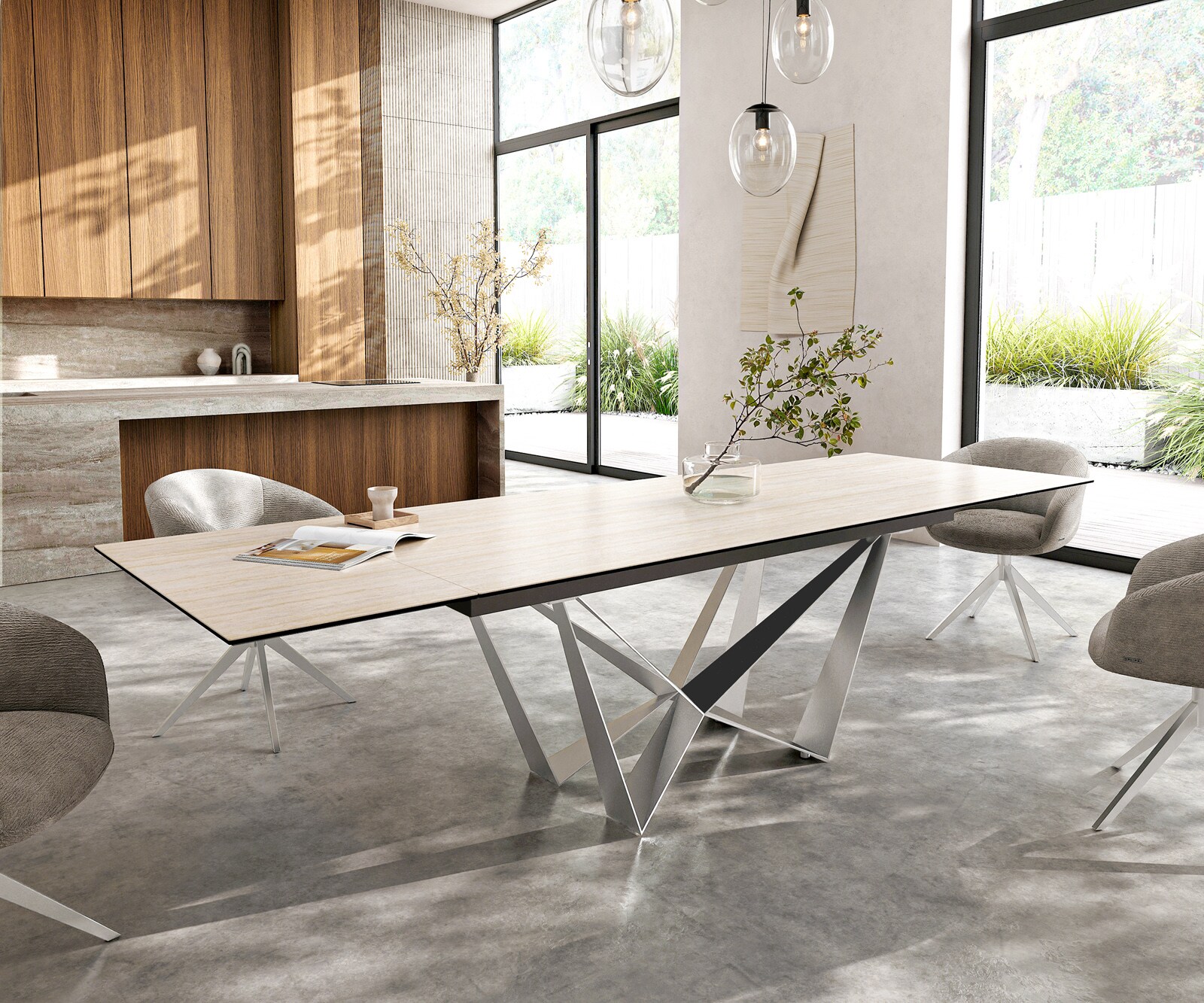 Esstisch Edge 200-300x100 Keramik Laminam® Travertino Bianco Creme-Weiß Spider Flachstahl Edelstahl ausziehbar