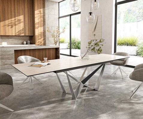 Esstisch Edge 200-300x100 Keramik Laminam® Travertino Bianco Creme-Weiß Spider Flachstahl Edelstahl ausziehbar