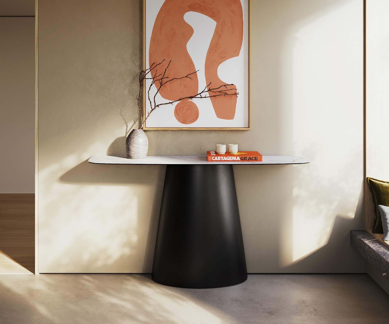 Konsolentisch Edge Boot 140x40 cm Keramik Laminam® Statuarietto Weiß Conos Metall Schwarz