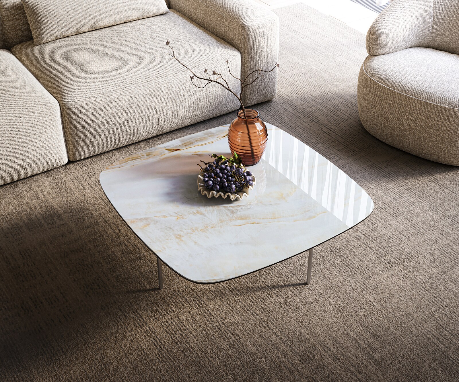 Couchtisch Edge Boot 90x90 cm Keramik Onyx Pearl Trive Edelstahl gebürstet 3