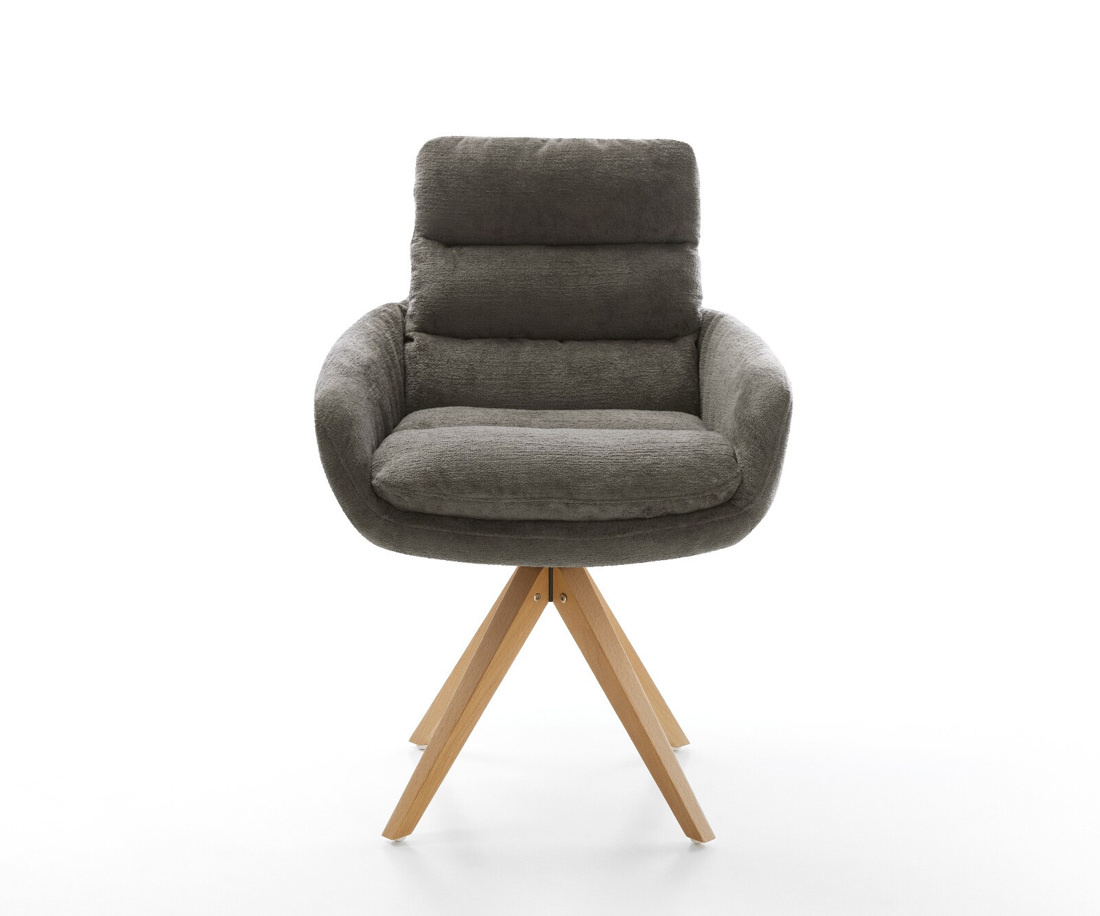 Drehstuhl Abelia-Flex mit Armlehnen Bouclé Soft Schlamm Holzgestell kantig Natur 180° drehbar 2