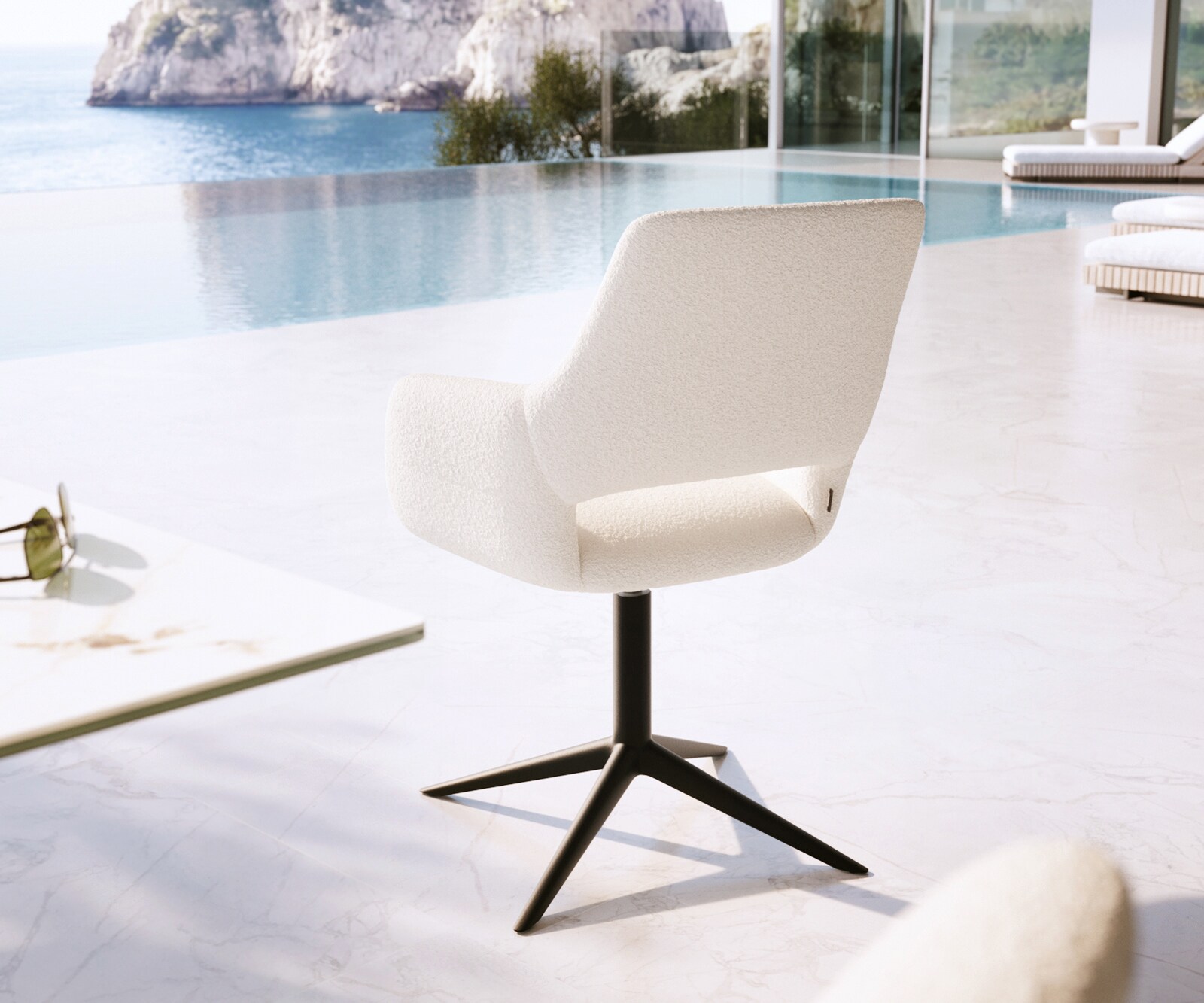 Outdoorstuhl Yago-Flex mit Armlehnen Bouclé Weiß Fußkreuz Schwarz 360° drehbar Wippfunktion 4