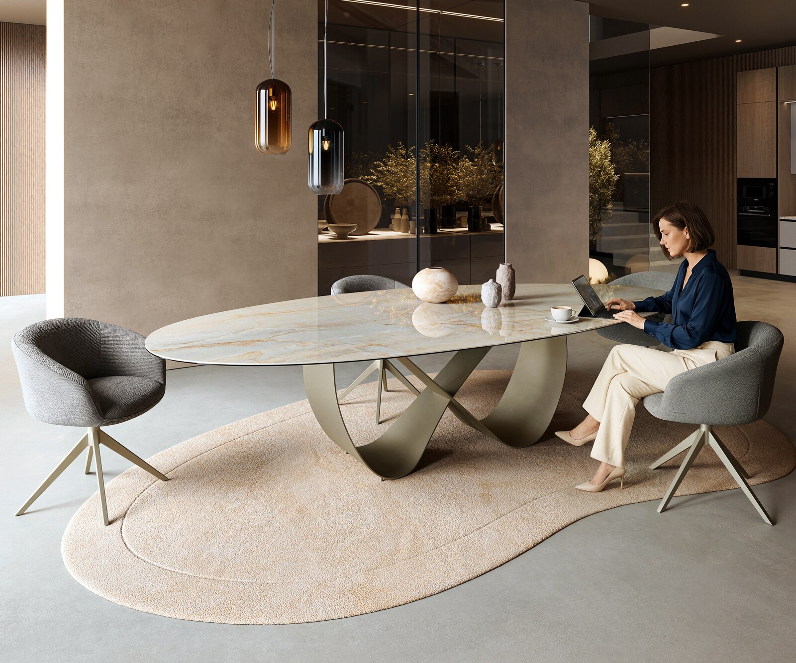 Esstisch Edge Oval 315x150 cm Keramik Iris FMG Onice Oro Infinity Metall Effektfinish Titan 6