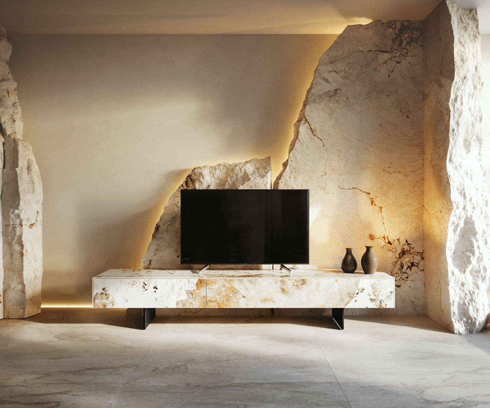 Lowboard Cuor 200 cm Keramik Minas Melange Weiß-Beige 1 Klappe 1 Schubfach Fuß Schwebeoptik Metall Schwarz 5 Lowboard Cuor 200 cm Keramik Minas Melange Weiß-Beige 1 Klappe 1 Schubfach Fuß Schwebeoptik Metall Schwarz 5