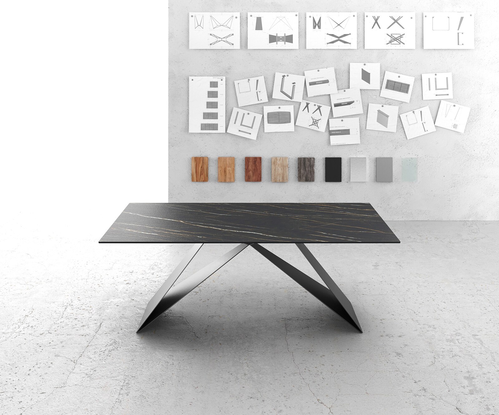 Esstisch Edge 200x100cm Keramik Laminam®Noir Desir Braun V-Mittelfuß Schwarz 1