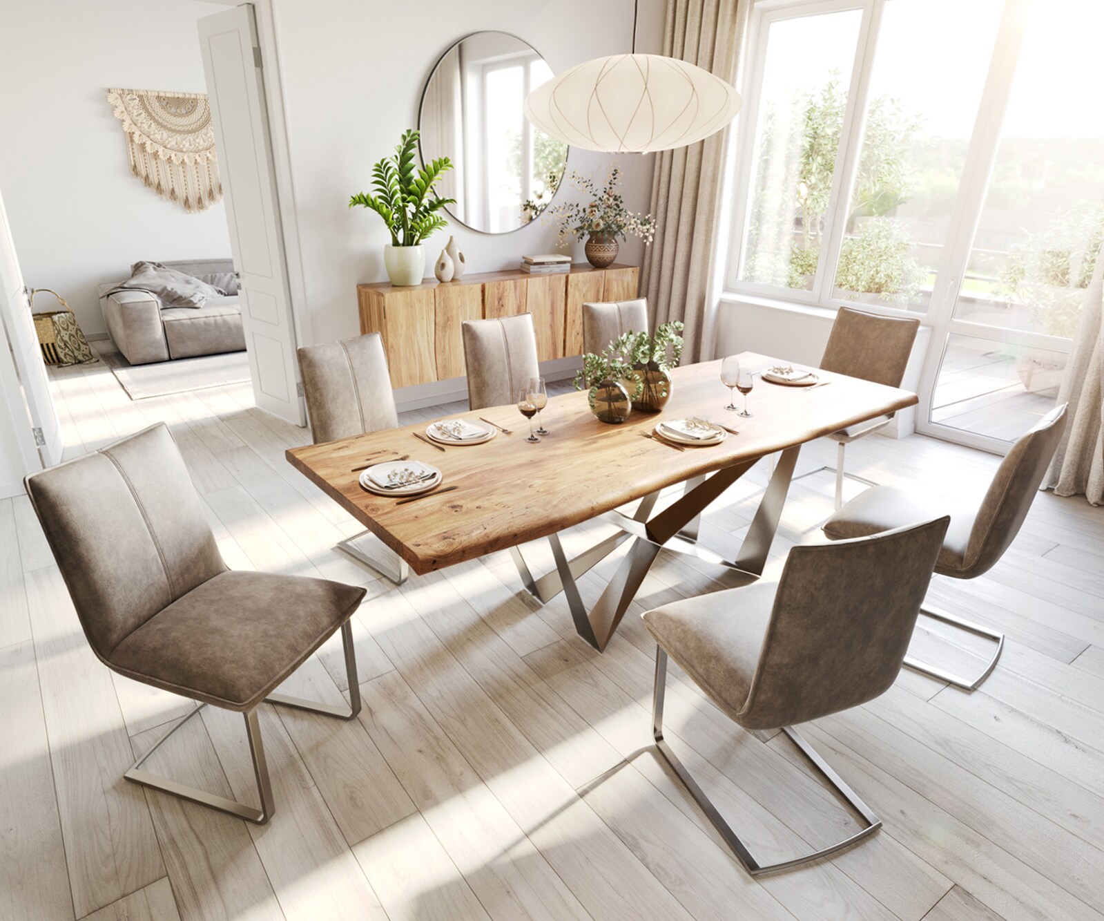 Esstisch Edge 240x100 Akazie Natur Spider Flachstahl Edelstahl Live-Edge 5
