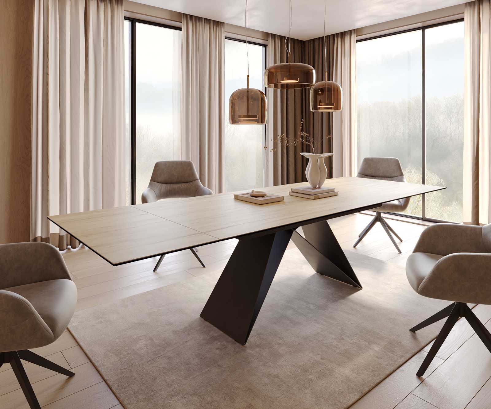 Esstisch Edge 200-300x100 Keramik Laminam® Sabbia Eichefarbig V-Gestell Flachstahl Schwarz ausziehbar 1