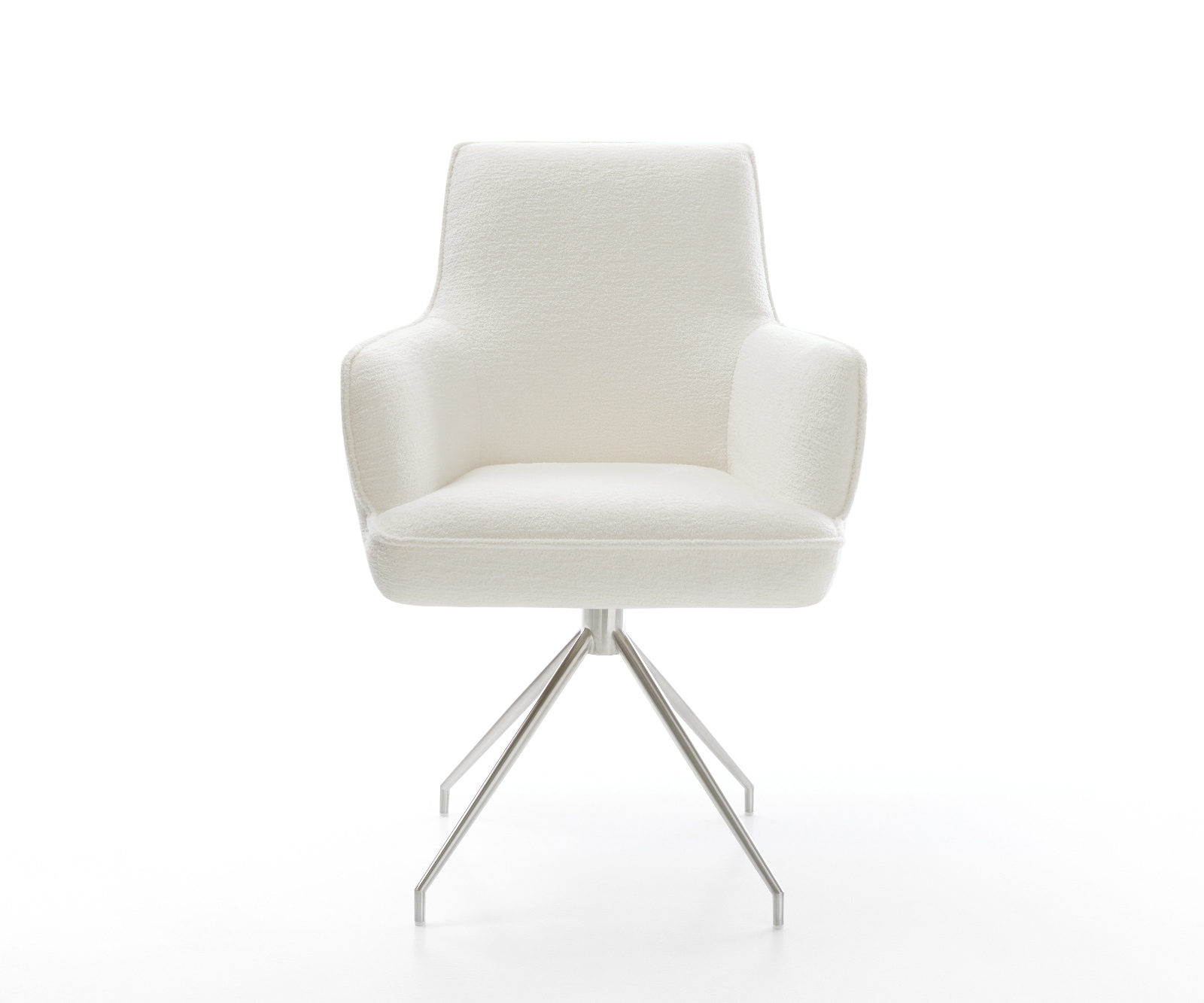 Esszimmerstuhl Heira-Flex mit Armlehnen Bouclé Soft Beige Kreuzgestell konisch Edelstahl Taschenfederkern 1