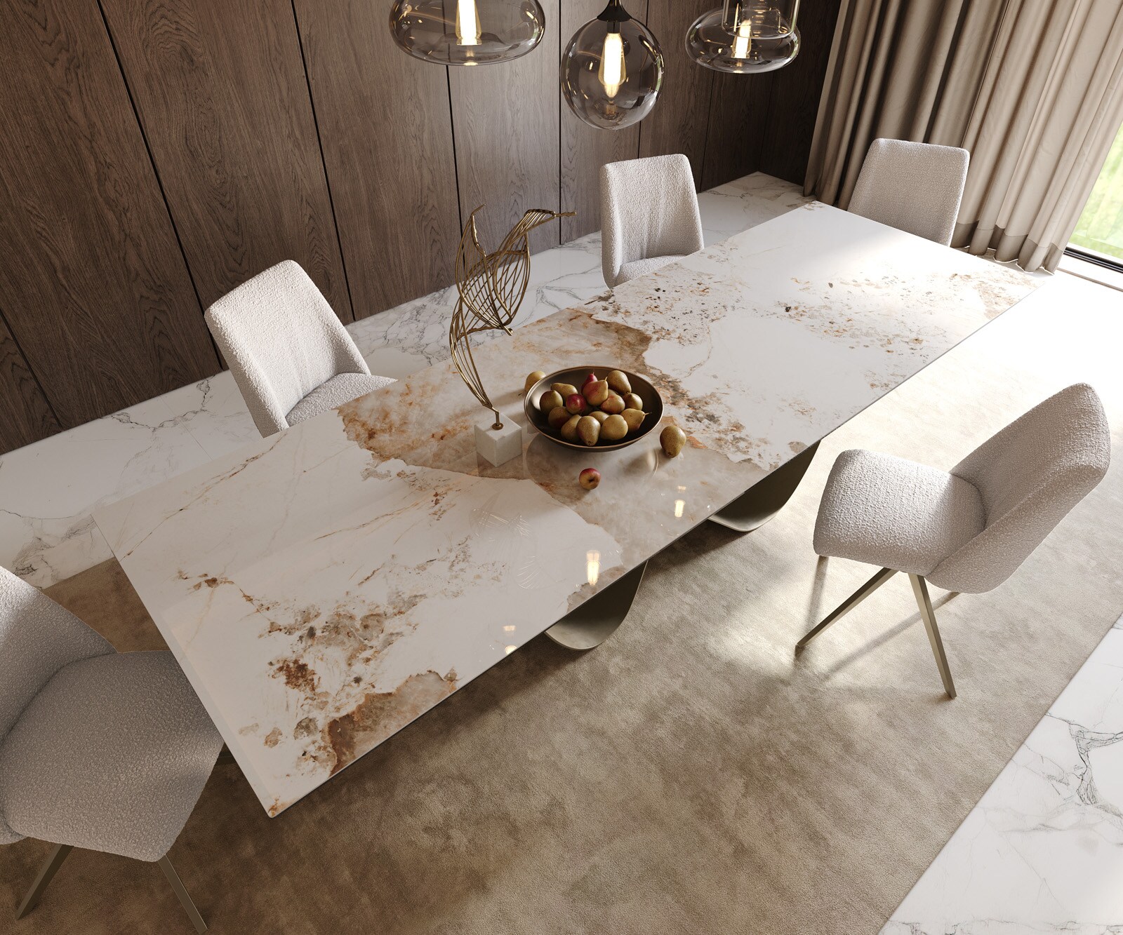 Esstisch Edge 300x100cm Keramik Minas Melange Weiß-Beige Infinity Metall Effektfinish Titan 5