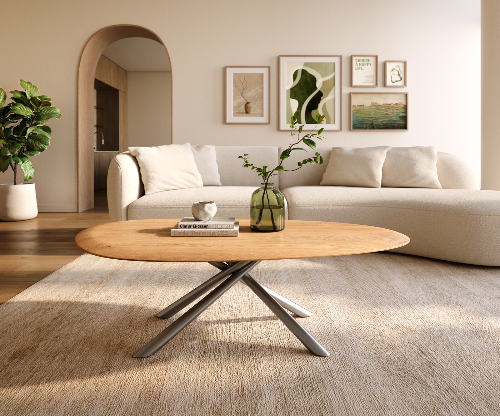 Couchtisch Edge Oval 140x75 cm Eiche Natur Runde Kante Sarity Edelstahl gebürstet 1