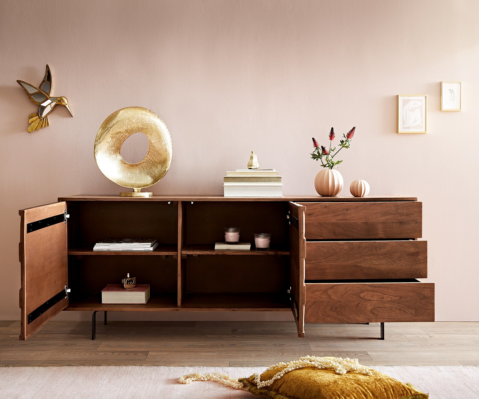 Sideboard Fevo 175 cm Akazie Braun 2 Türen 3 Schubfächer L-Fuß 3