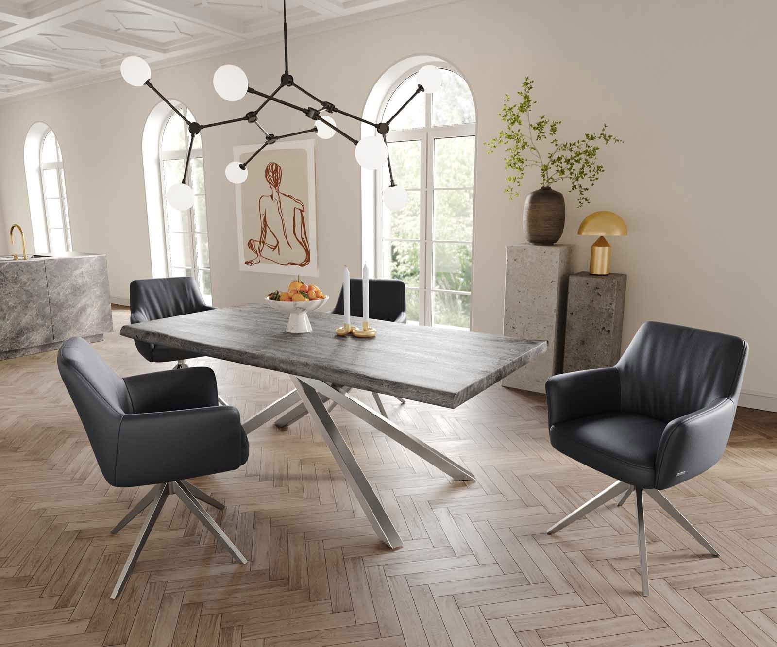 Drehstuhl Xana-Flex mit Armlehnen Echt-Leder Schwarz Kreuzgestell breit Edelstahl 360° drehbar Taschenfederkern 4 Drehstuhl Xana-Flex mit Armlehnen Echt-Leder Schwarz Kreuzgestell breit Edelstahl 360° drehbar Taschenfederkern 4