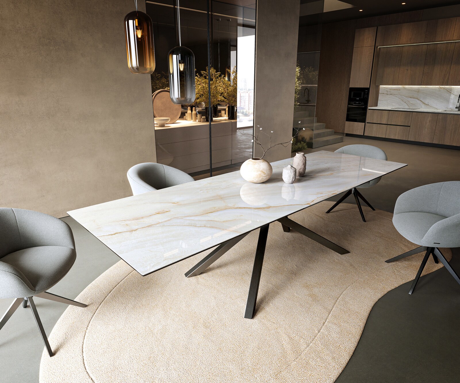 Esstisch Edge 300x100 cm Keramik Onyx Pearl Kreuzgestell Rechteck Edelstahl Graphit 1