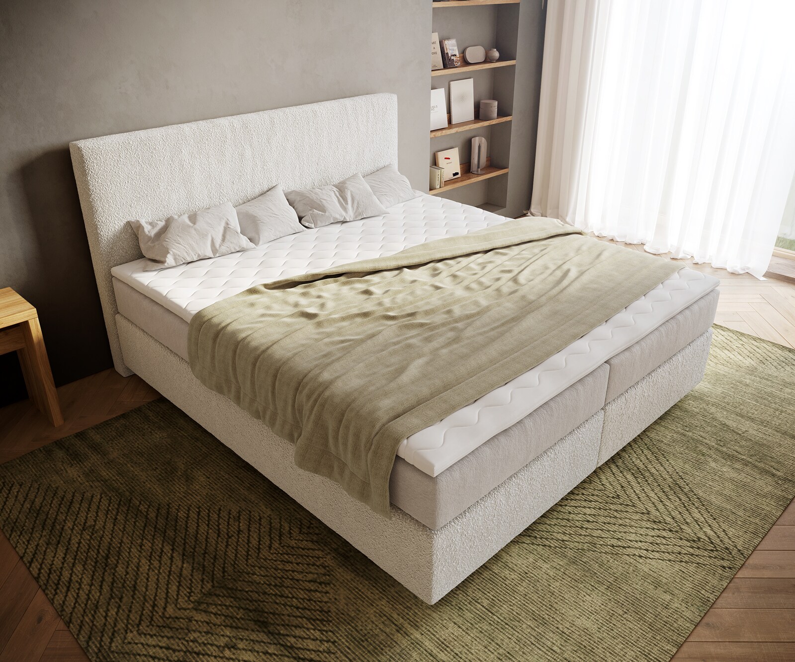 Boxspringbett Dream-Well 180x200 cm Bouclé Creme-Weiß mit Taschenfederkernmatratze und Topper Visco 3