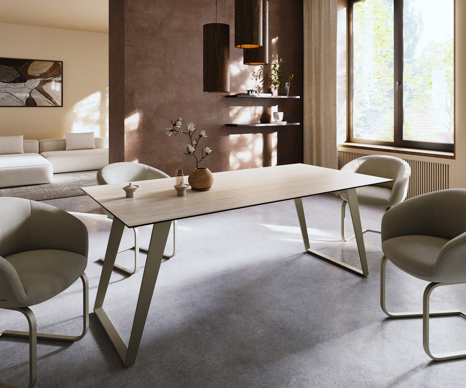 Esstisch Edge 200x100 Keramik Laminam® Travertino Bianco Creme-Weiß Metall Schräg Effektfinish Titan 2
