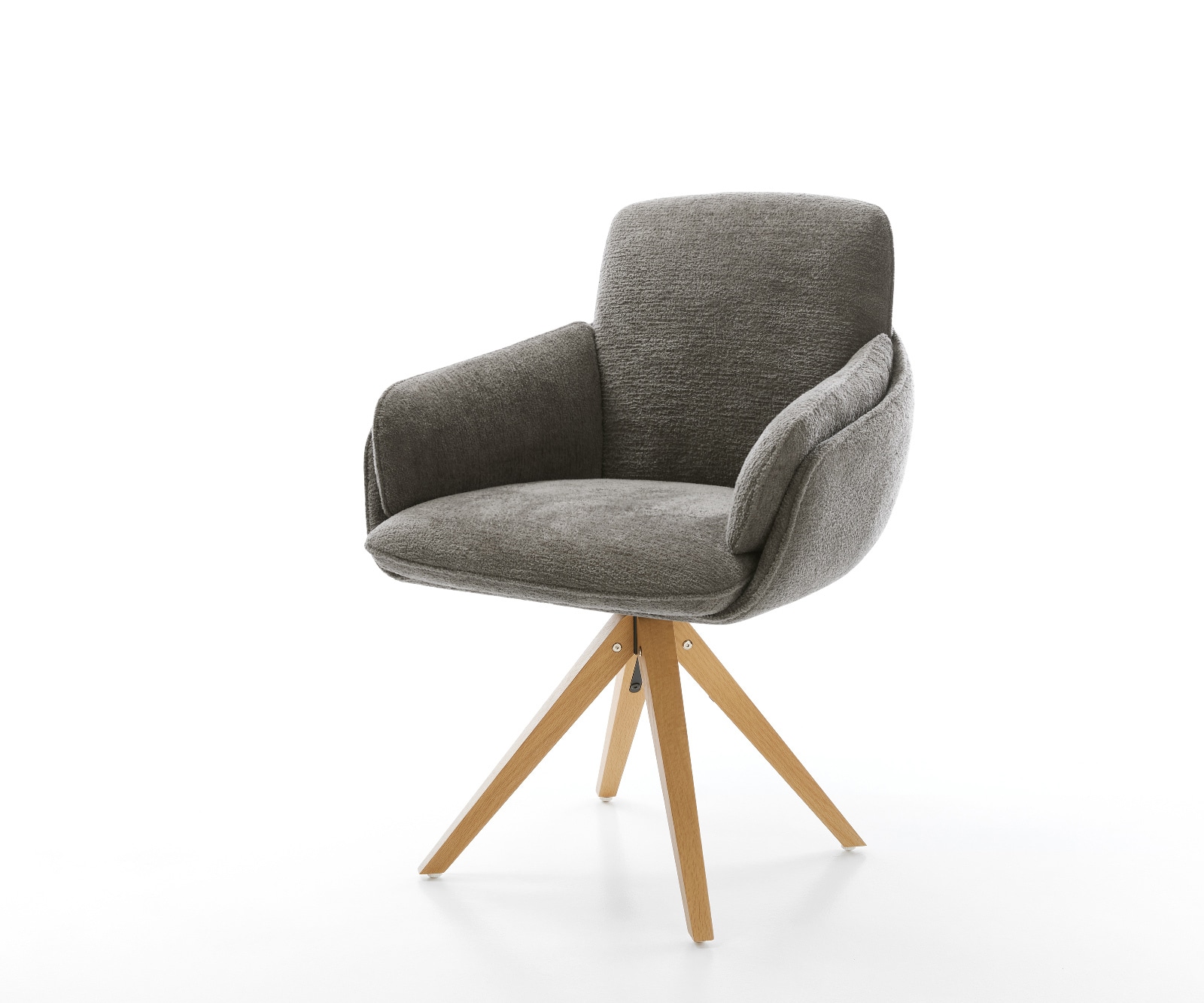 Drehstuhl Luan-Flex mit Armlehnen Bouclé Soft Schlamm Holzgestell kantig Natur 360° drehbar