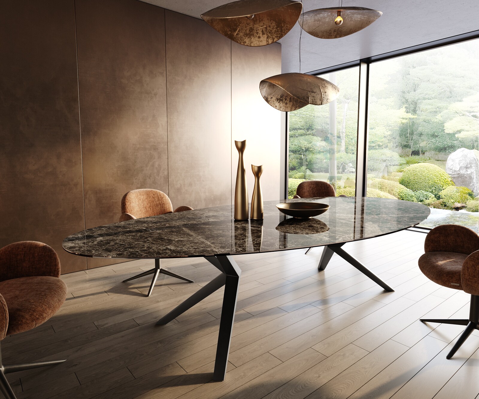 Esstisch Edge Oval 315x150 Keramik Emperador Extra Lucidato Dunkelbraun Zenthara kantig Metall Schwarz 1