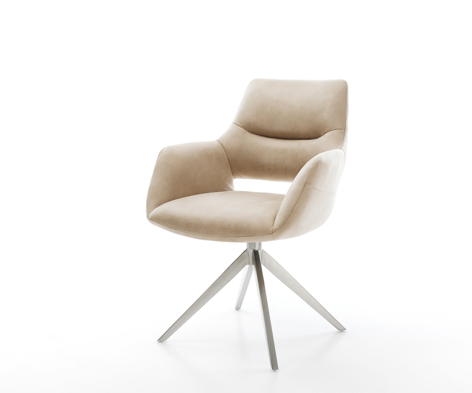 Drehstuhl Yago-Flex mit Armlehnen Mikrofaser Beige Vintage Kreuzgestell breit Edelstahl 360° drehbar Wippfunktion Taschenfederkern
