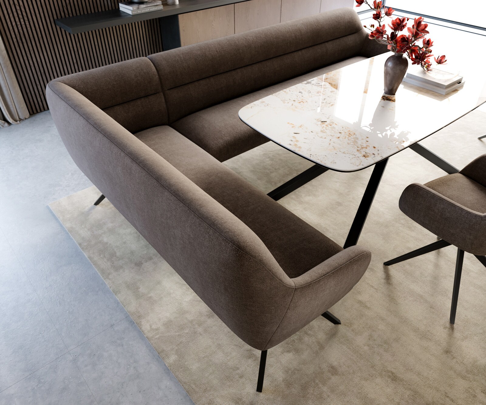 Esszimmerbank Taya-Flex 285x190 cm Strukturstoff Soft Taupe Kreuzgestell kantig Schwarz Taschenfederkern Rechts 3