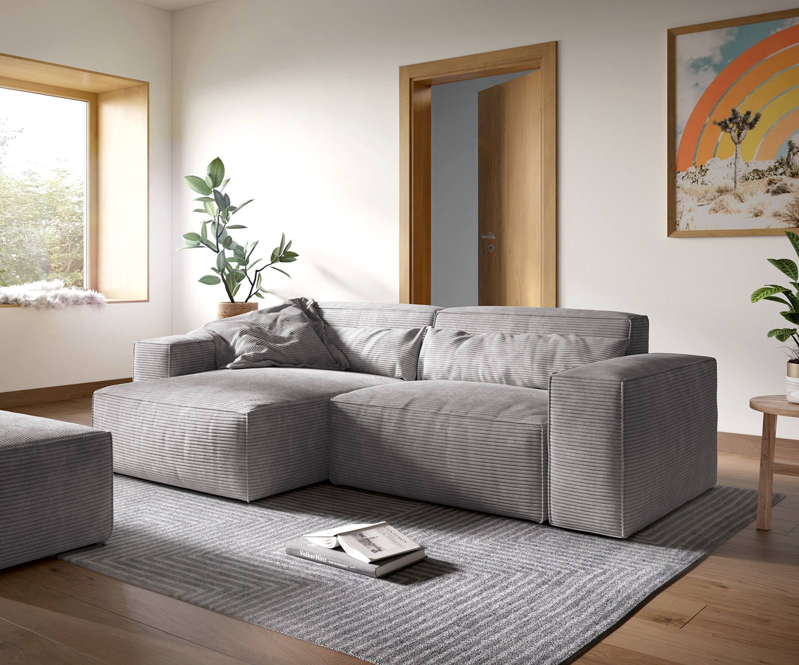 DELIFE Ecksofa Sirpio XL 270x170 cm Cord Silbergrau Recamiere variabel mit Hocker, Ecksofas