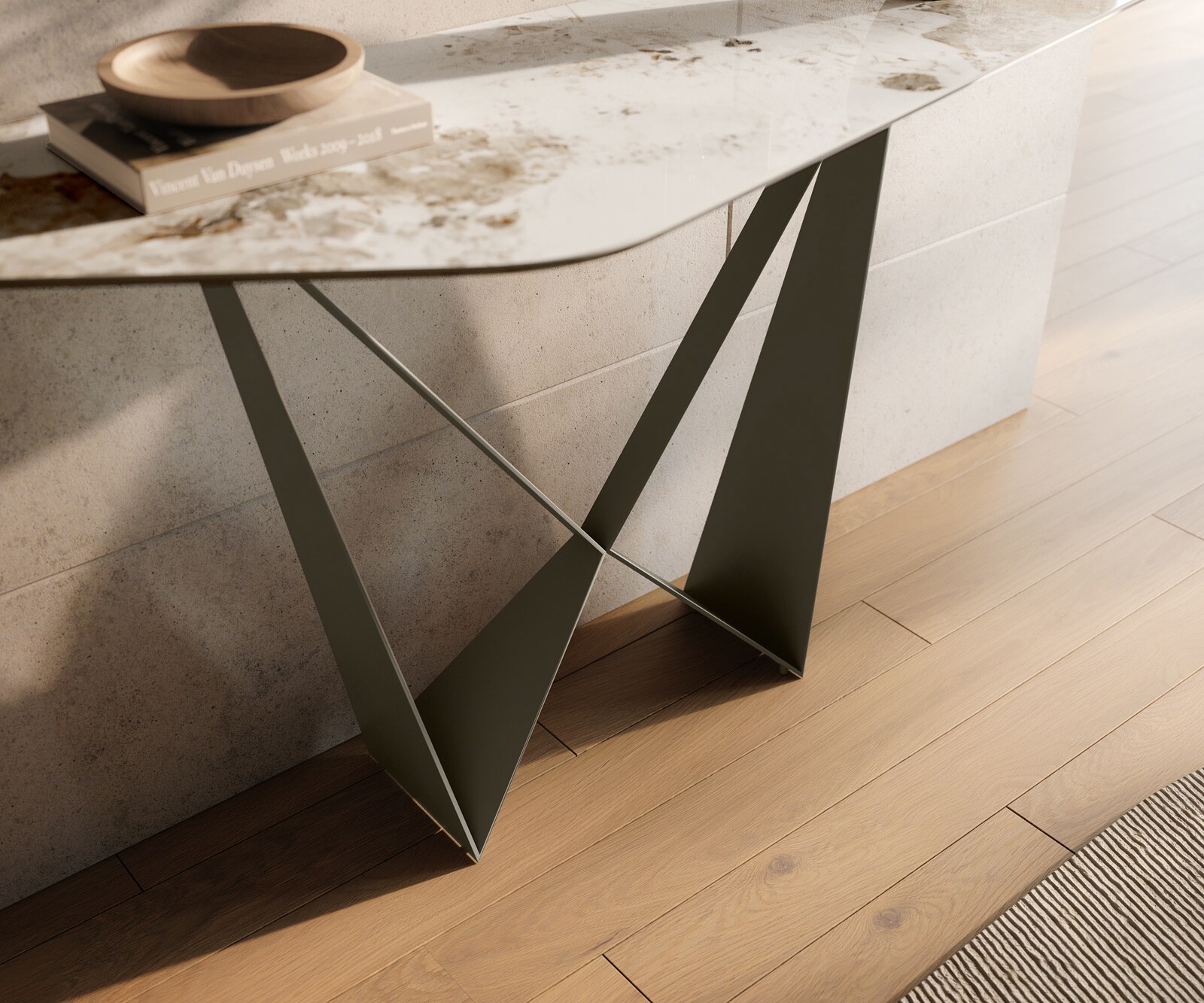Konsolentisch Edge Polygonal 140x50 cm Keramik Minas Melange Weiß-Beige Spios Metall Effektfinish Titan 5