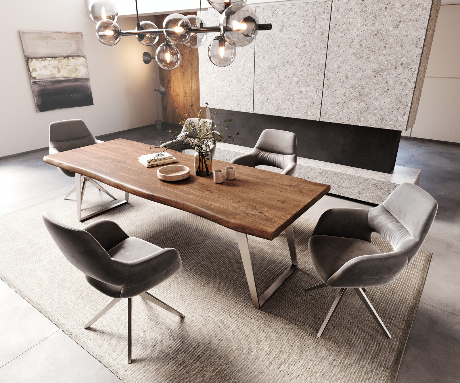 Esstisch Edge 260x100cm XL Akazie Braun Edelstahl Silber schräg Live-Edge 5