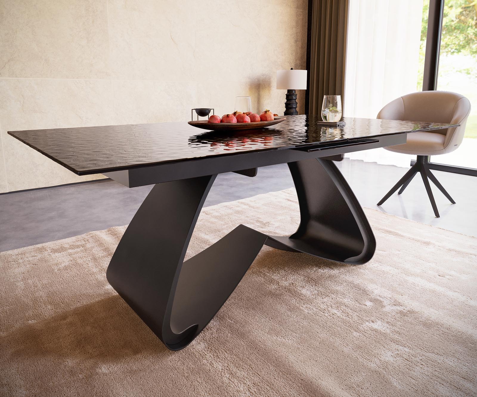 Esstisch Edge 180-220x100 Reliefglas Rauchschwarz 3D-Design W-Gestell Schwarz ausziehbar 4 Esstisch Edge 180-220x100 Reliefglas Rauchschwarz 3D-Design W-Gestell Schwarz ausziehbar 4