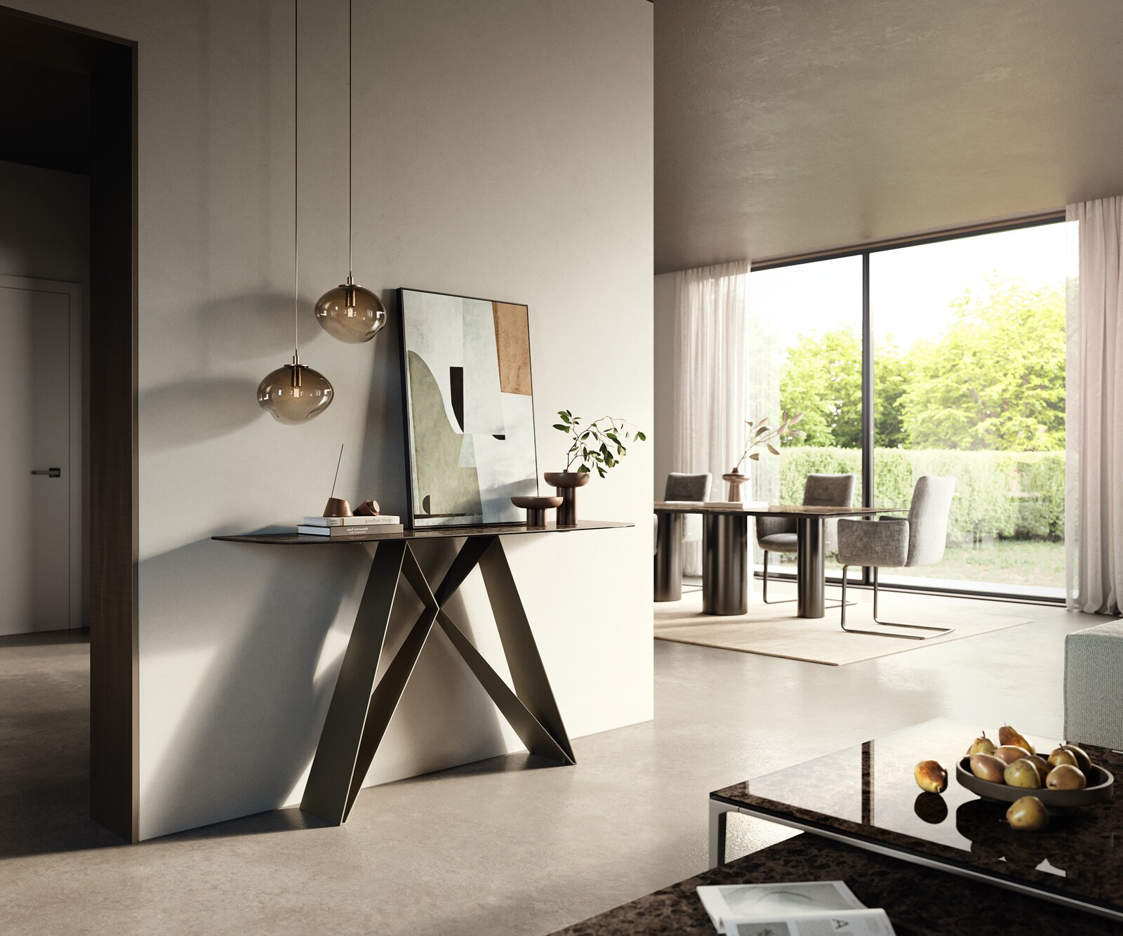 Konsolentisch Edge Boot 140x40 cm Keramik Emperador Extra Lucidato Dunkelbraun Velio Metall Effektfinish Titan 6