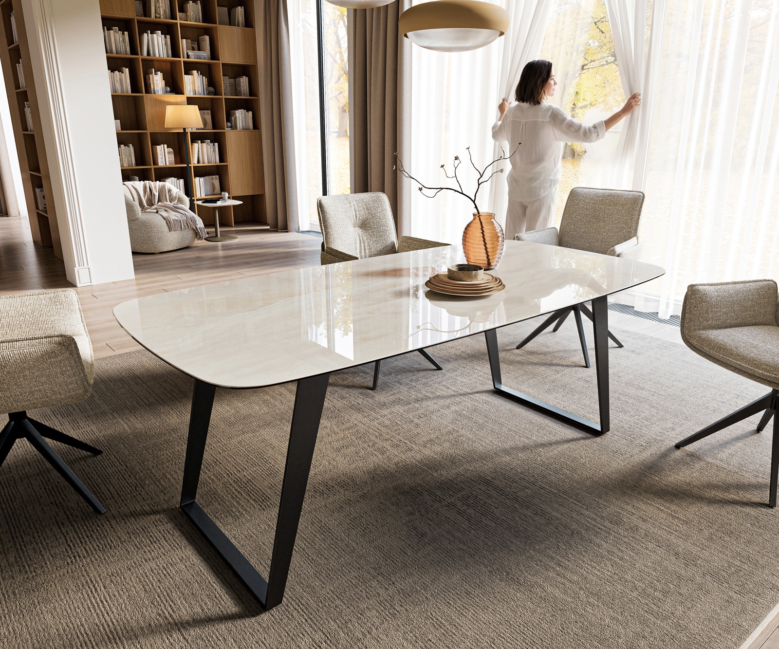 Esstisch Edge Boot 200x100 cm Keramik Onyx Champagne Metall Schräg Schwarz 1