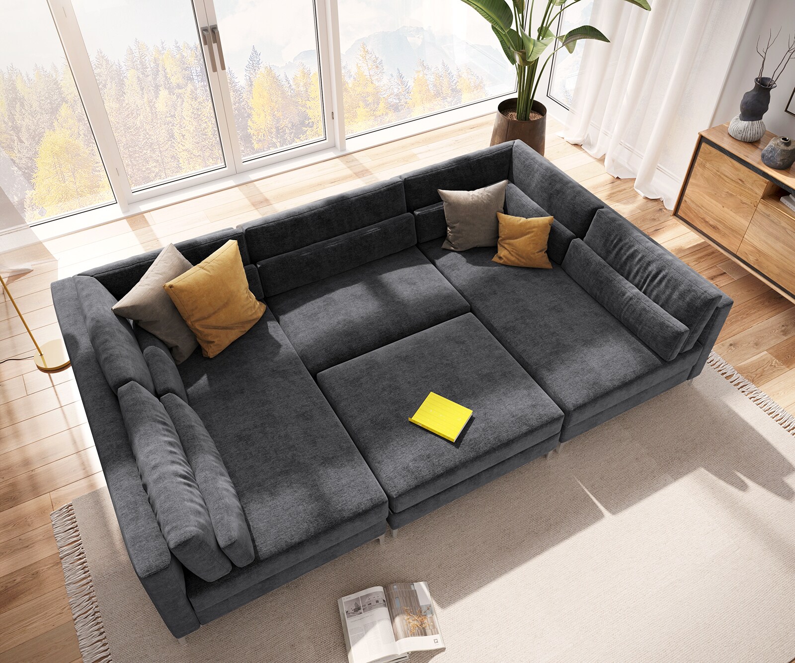 Wohnlandschaft Elio 300x185 cm Mikrofaser Graphite mit Hocker 5