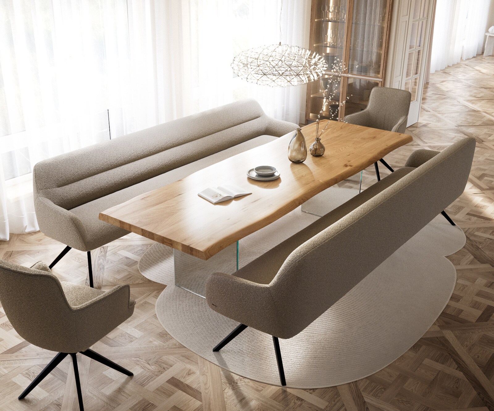 Esszimmerbank Taya-Flex 300 cm Bouclé Schlamm Kreuzgestell kantig Schwarz Taschenfederkern 4