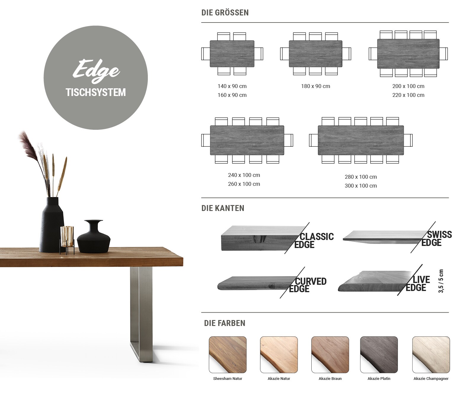 Esstisch Edge 200x100 Akazie Natur Edelstahl Schmal Schweizer Kante 6