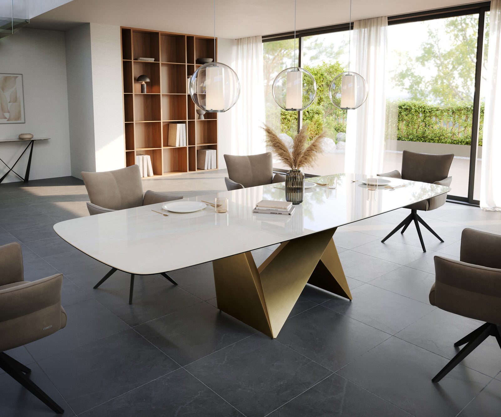 Esstisch Edge Boot 300x120 cm Keramik Onyx Champagne Origami Metallic Gold
