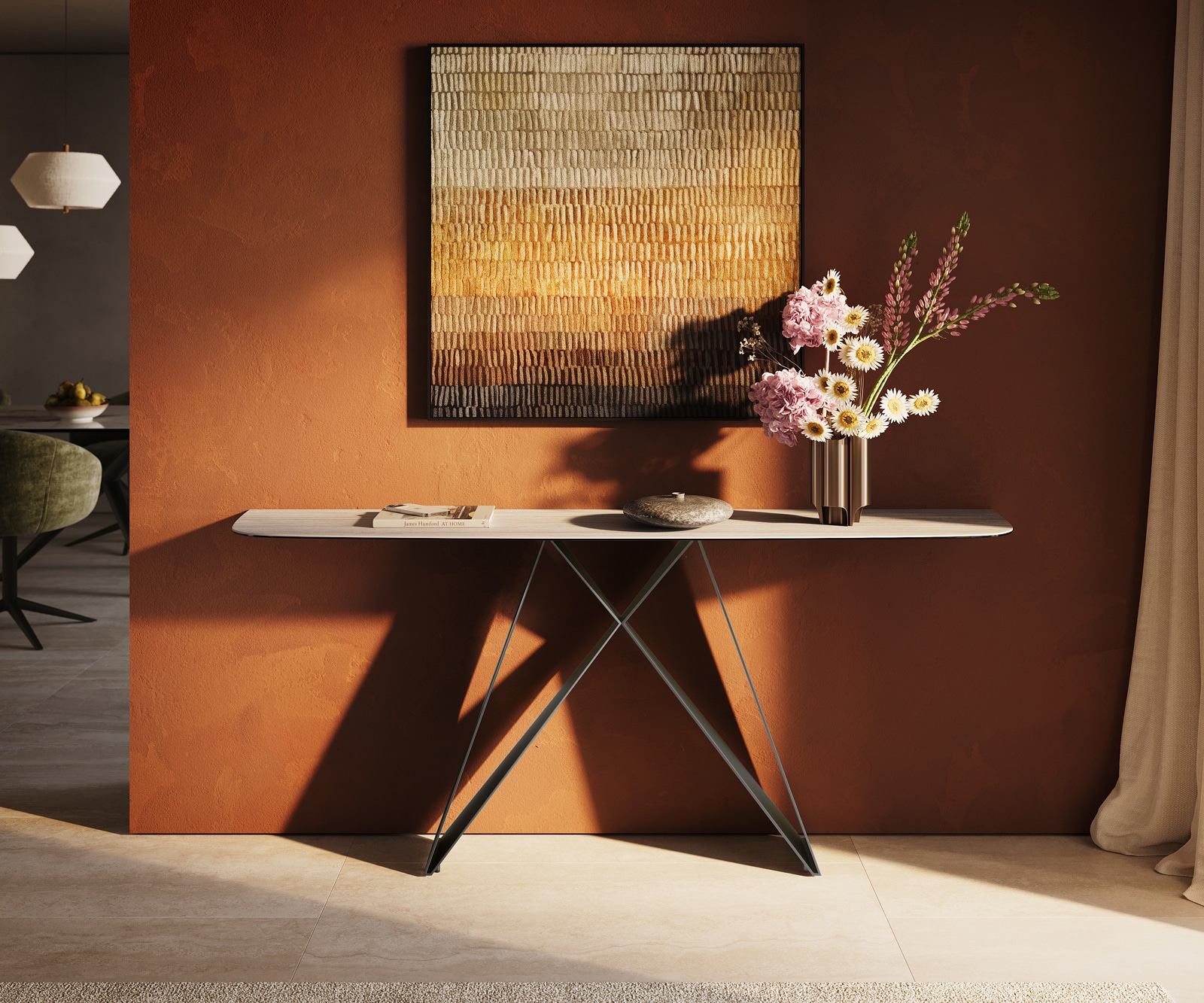 Konsolentisch Edge Boot 180x40 cm Keramik Laminam® Travertino Bianco Creme-Weiß Velio Metall Effektfinish Titan