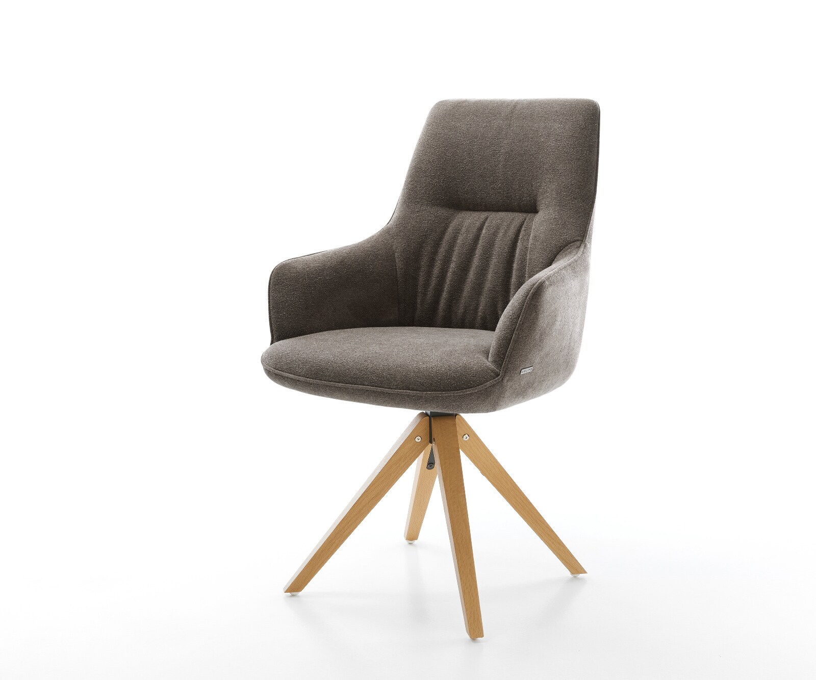 Chaise-pivotante Zelia-Flex avec accoudoirs tissu structuré doux taupe pied en bois angulaire naturel pivotement sur 180° ressorts ensachés