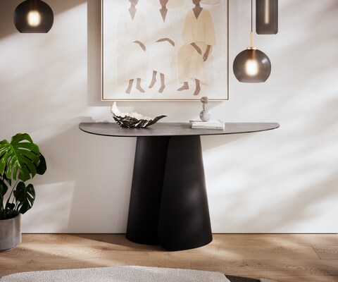 Konsolentisch Edge Oval 140x40 cm Keramik Beton Grau Livos Metall Schwarz