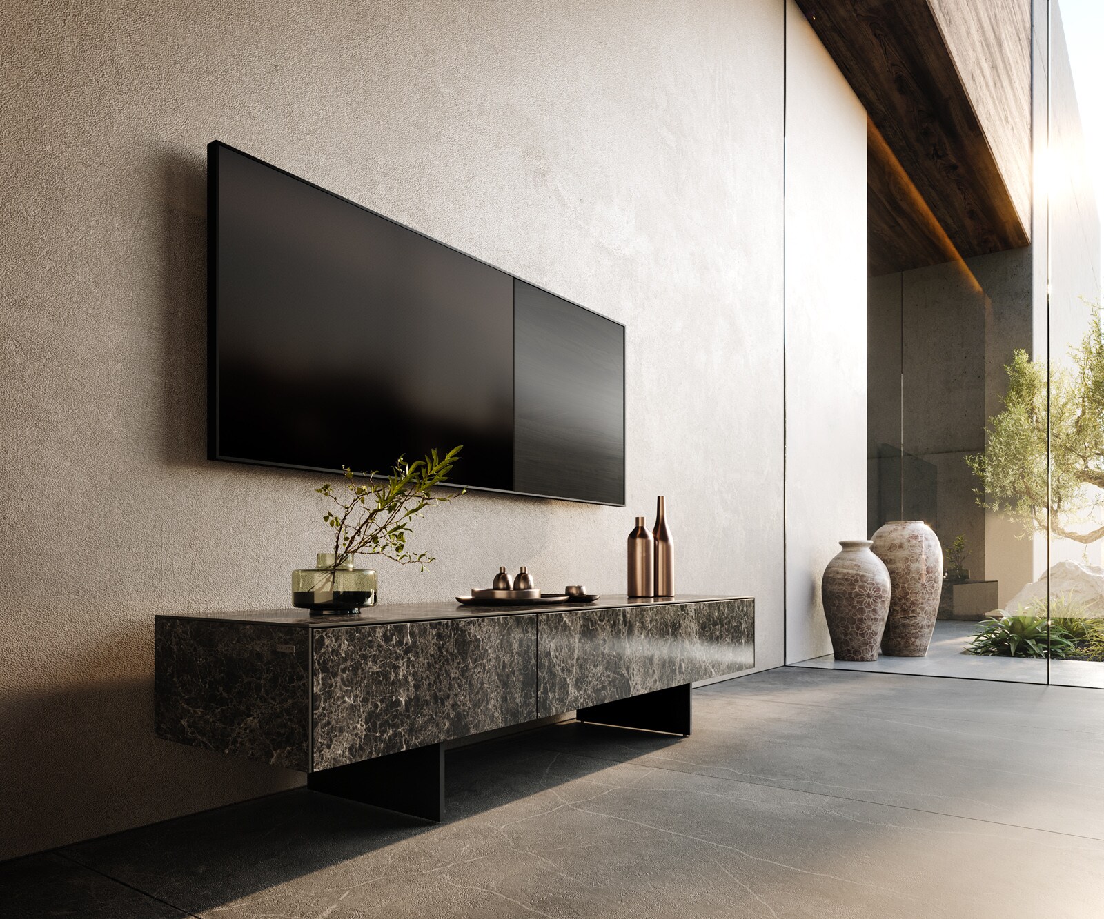 Lowboard Cuor 150 cm Keramik Laminam® Emperador Extra Lucidato Dunkelbraun 1 Klappe 1 Schubfach Fuß Schwebeoptik Metall Schwarz
