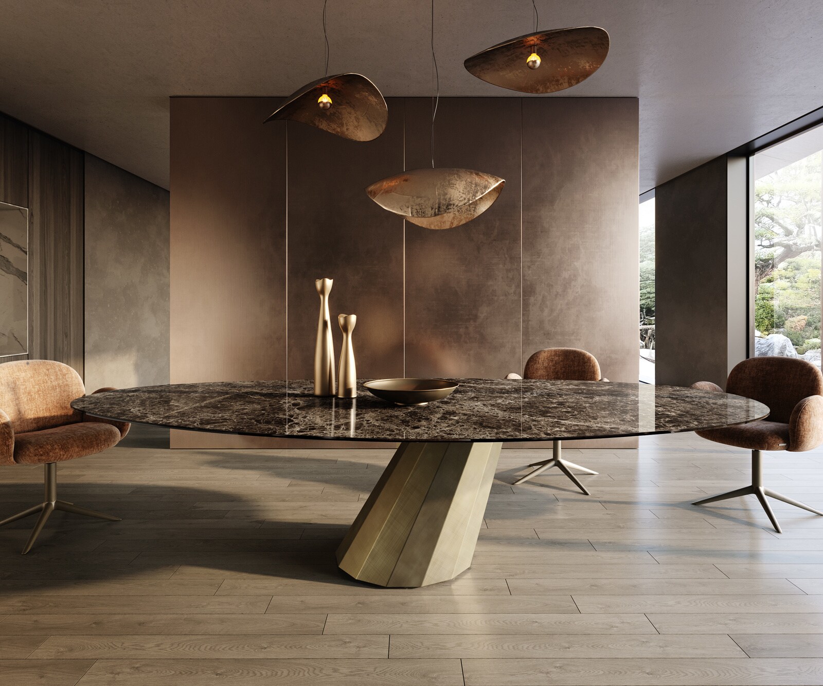 Esstisch Edge Oval 315x150 cm Keramik Emperador Extra Lucidato Dunkelbraun Parabel Metallic Gold 2