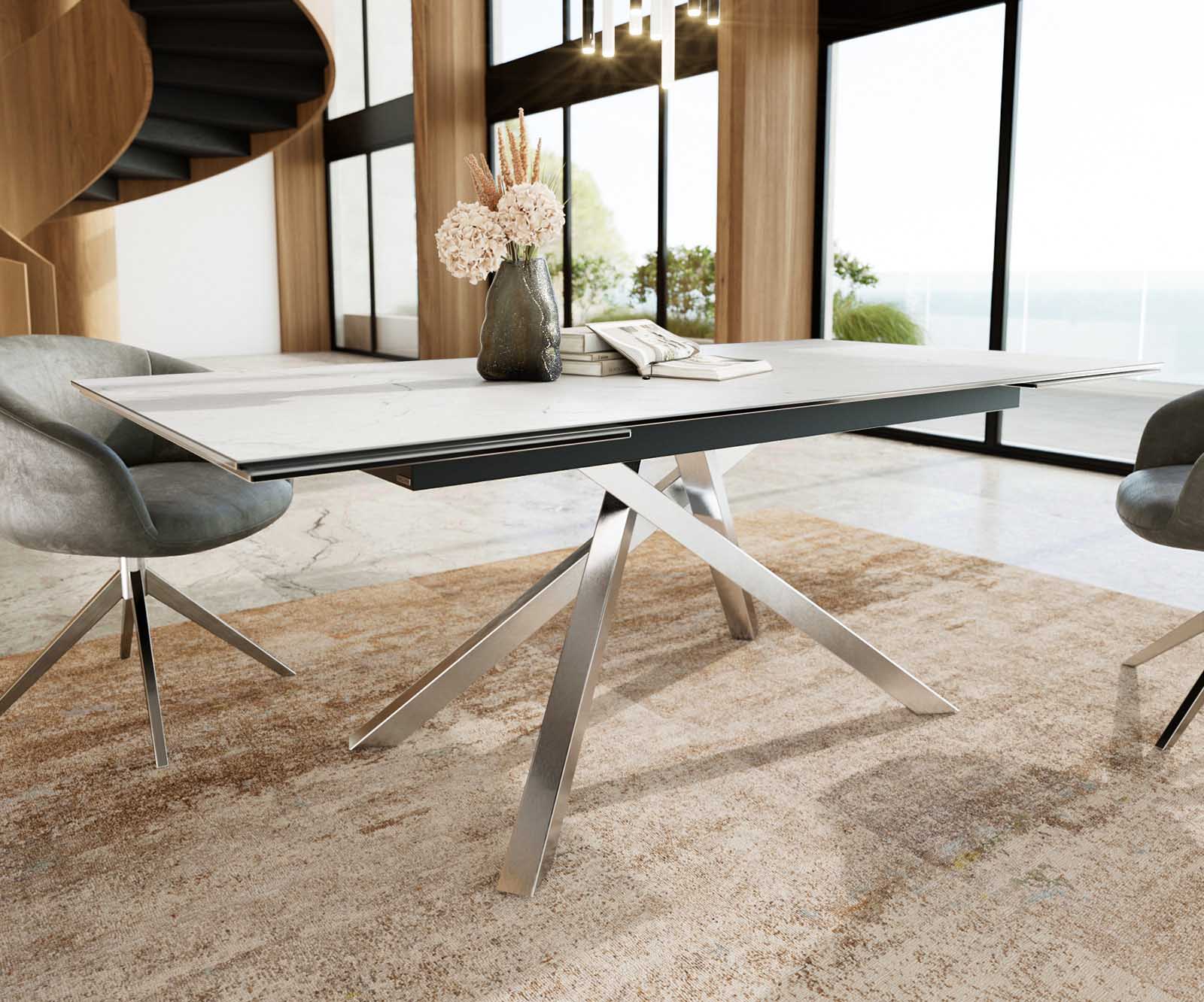 Esstisch Edge 200-300x100 Keramik Laminam®Statuarietto Weiß Kreuzgestell Rechteck Edelstahl ausziehbar 5