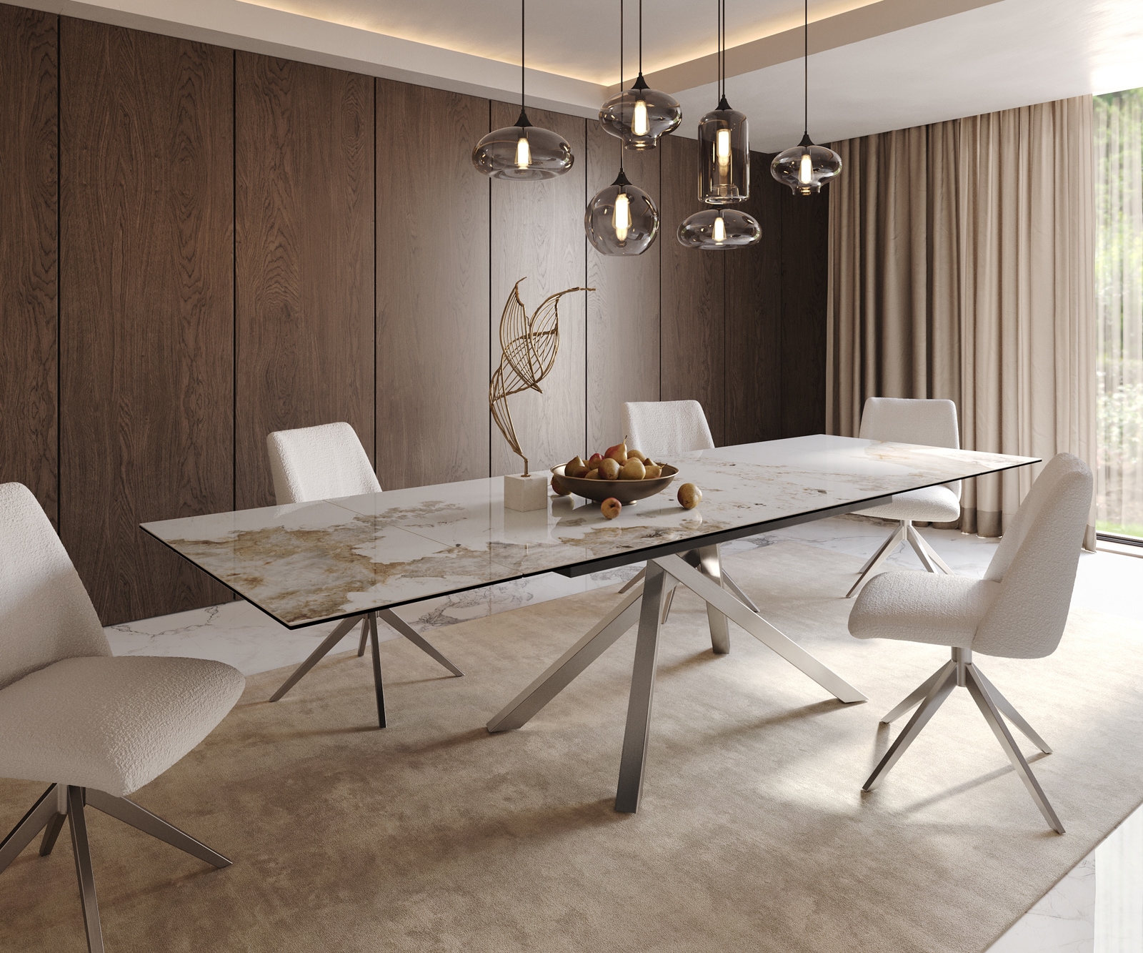 Esstisch Edge 200-300x100 Keramik Minas Melange Weiß-Beige Kreuzgestell Rechteck Edelstahl ausziehbar 1