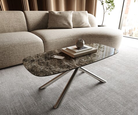 Couchtisch Edge Boot 100x50 cm Keramik Emperador Extra Lucidato Dunkelbraun Sarity Edelstahl gebürstet