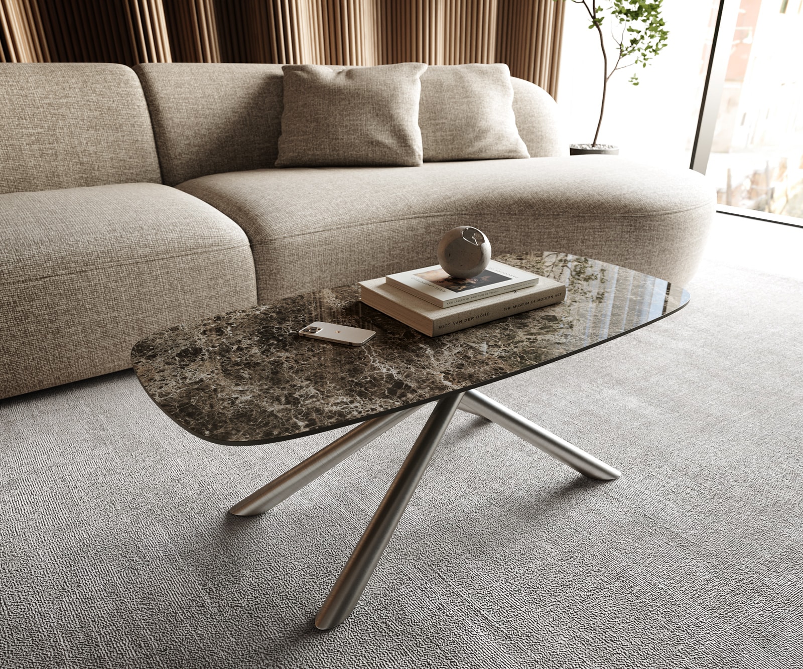 Couchtisch Edge Boot 100x50 cm Keramik Emperador Extra Lucidato Dunkelbraun Sarity Edelstahl gebürstet