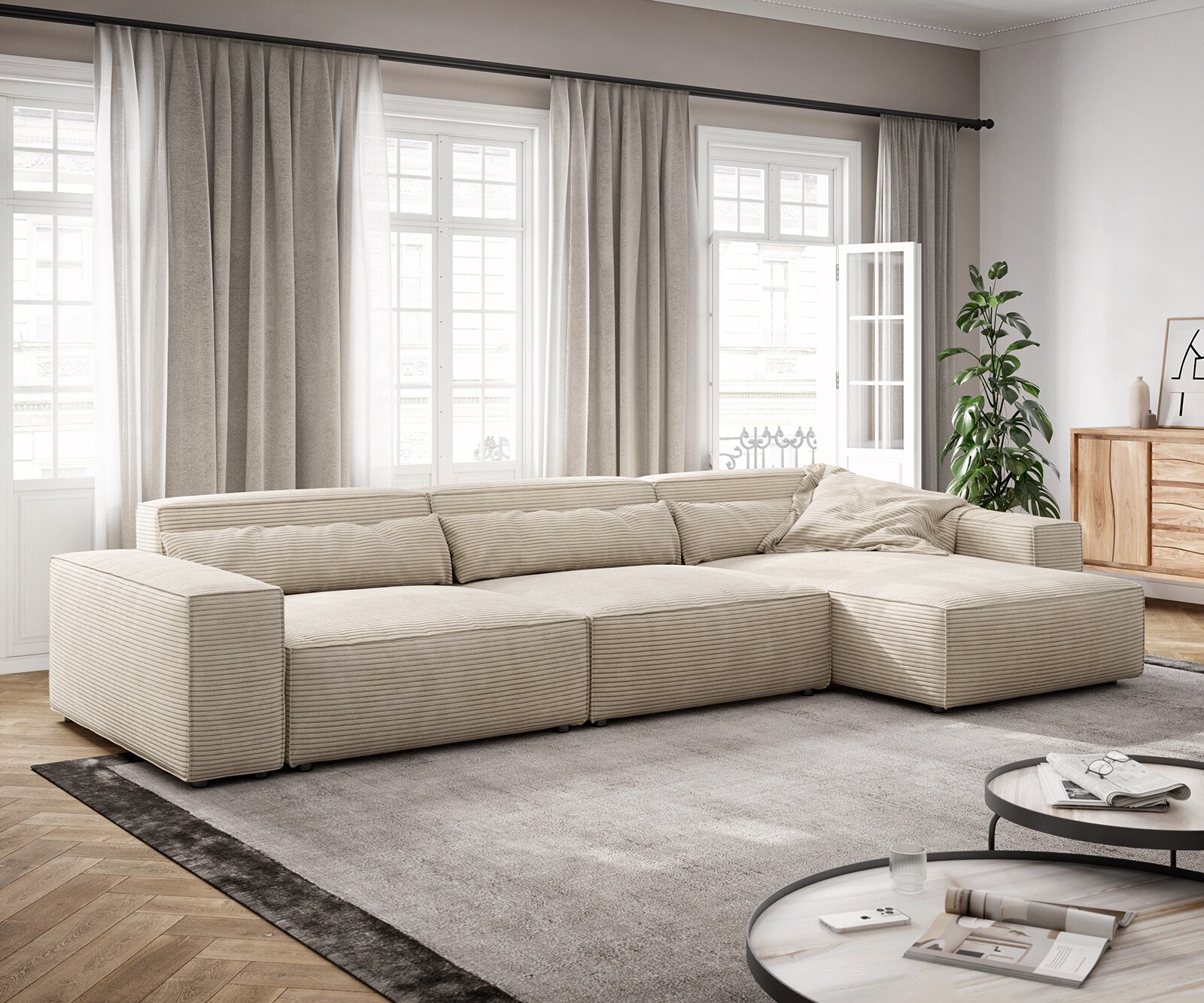 Ecksofa Sirpio XL 370x170 cm Cord Beige Recamiere variabel 1