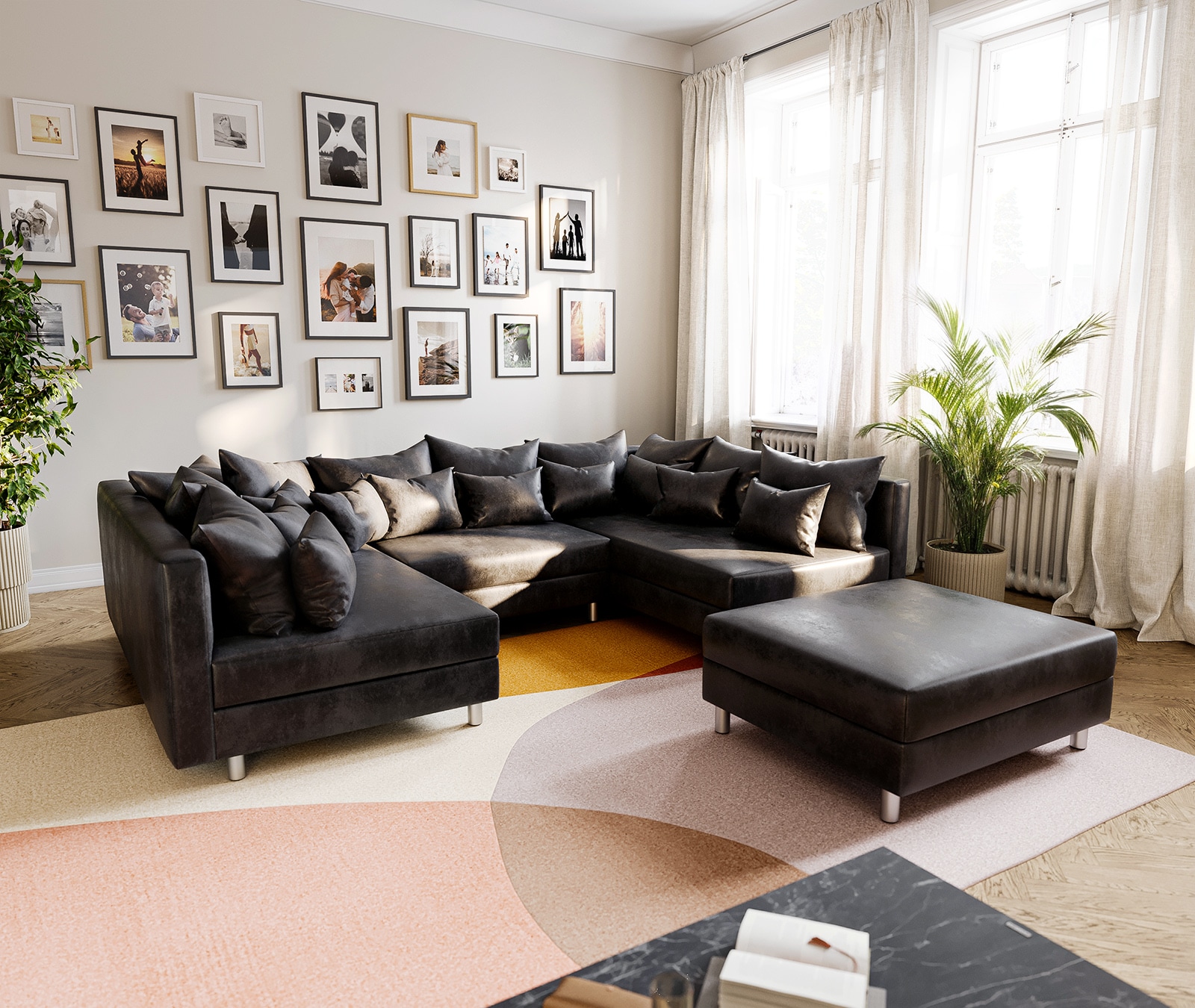 Wohnlandschaft Clovis Anthrazit Antik Optik modular Hocker günstig online kaufen