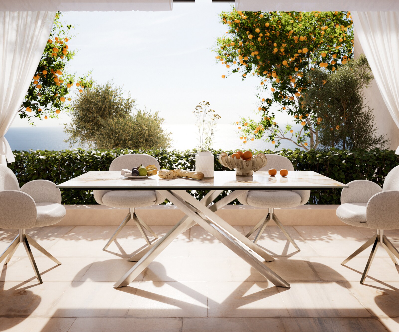 Outdoortisch Edge 200x100 cm Keramik Minas Melange Weiß-Beige Kreuzgestell Rechteck Edelstahl