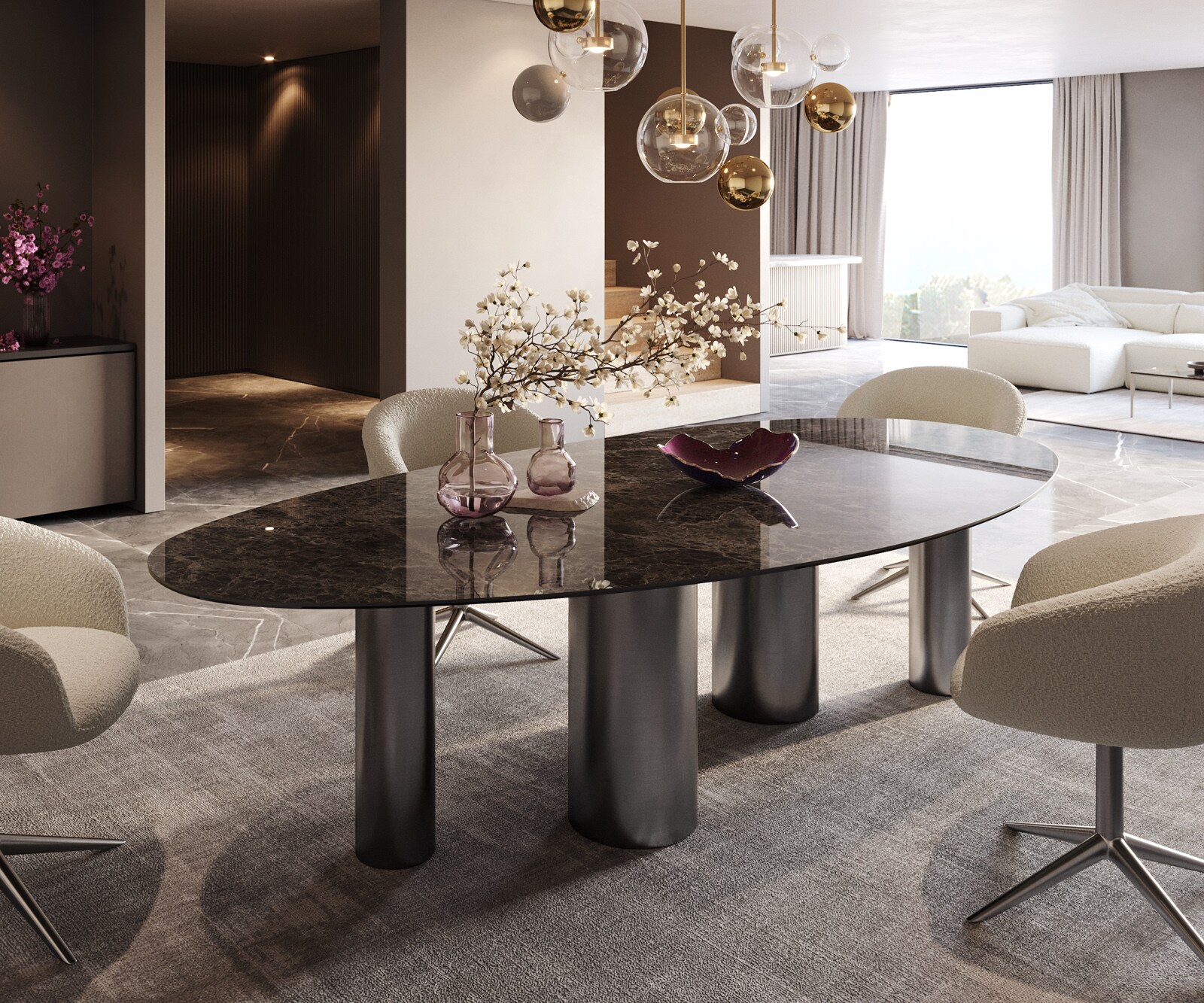 DELIFE Esstisch Edge Oval 280x130 Keramik LaminamEmperador Extra Lucidato Dunkelbraun Pilier Edelstahl Graphit