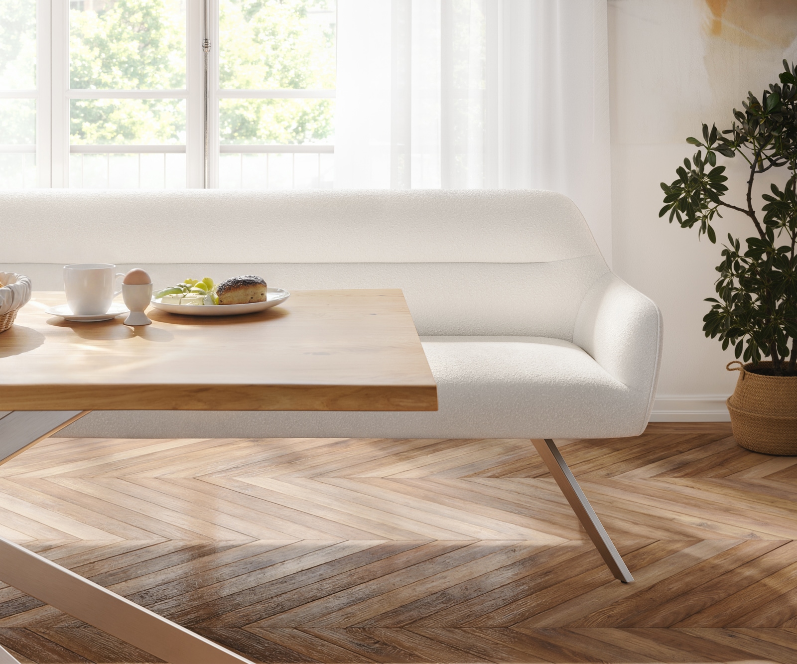 Esszimmerbank Taya-Flex 200 cm Bouclé Creme-Weiß Kreuzgestell kantig Edelstahl Taschenfederkern 4